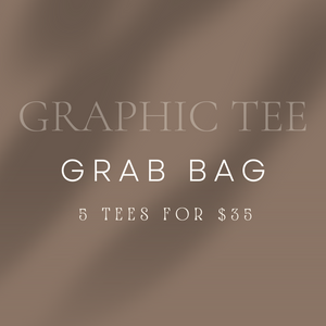 GRAPHIC TEE GRAB BAG- RUNNN! 5 TEES INCLUDED!  It's time for us to clean out some inventory.. you know what that means!  These bags will be a mixture of seasonal and every day designs. They are pre-pulled and a complete mystery of whats inside! Each bag will include 5 tees for 35!!   THIS IS A STEAL! At this price, they make great gifts!  All sales are final.