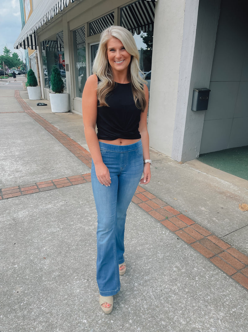 -Ladies we have you set when it comes to denim flares. They are the perfect piece to add to your everyday wear!  Stretchy and pull on call for a comfy and stylish fit!  -Functional Back Pockets  -30