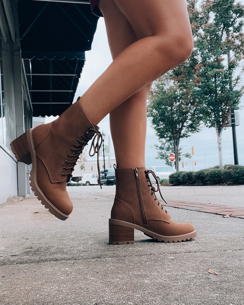 Brown lace up heeled boots best sale