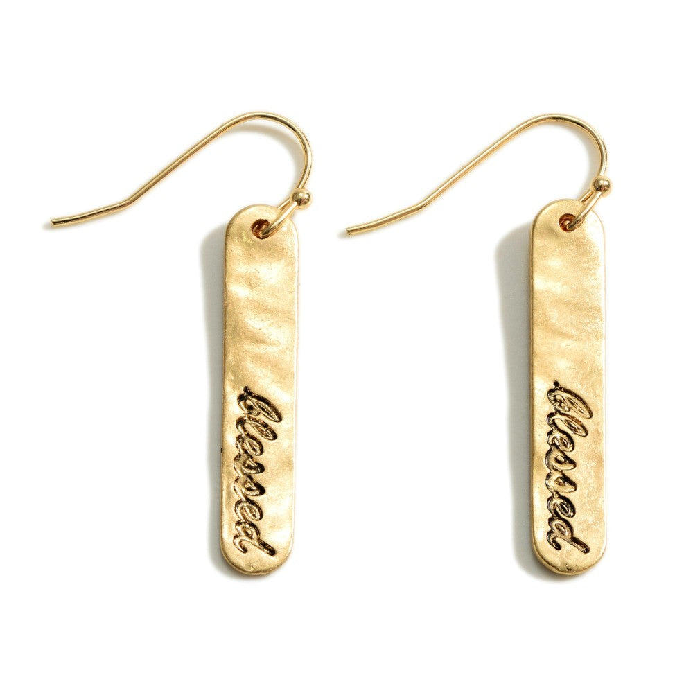DESCRIPTION: Gold Tone 'Blessed' Bar Drop Earrings  - Approximately 1.5" Long