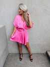 Romper features a solid base color, bright pink color, short sleeves, V-neck line, lovely silky material and runs true to size! 