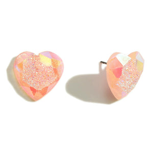 DESCRIPTION: Rhinestone Heart Stud Earrings Featuring Glittered Druzy Texture  - Approximately .75" Wide-pink