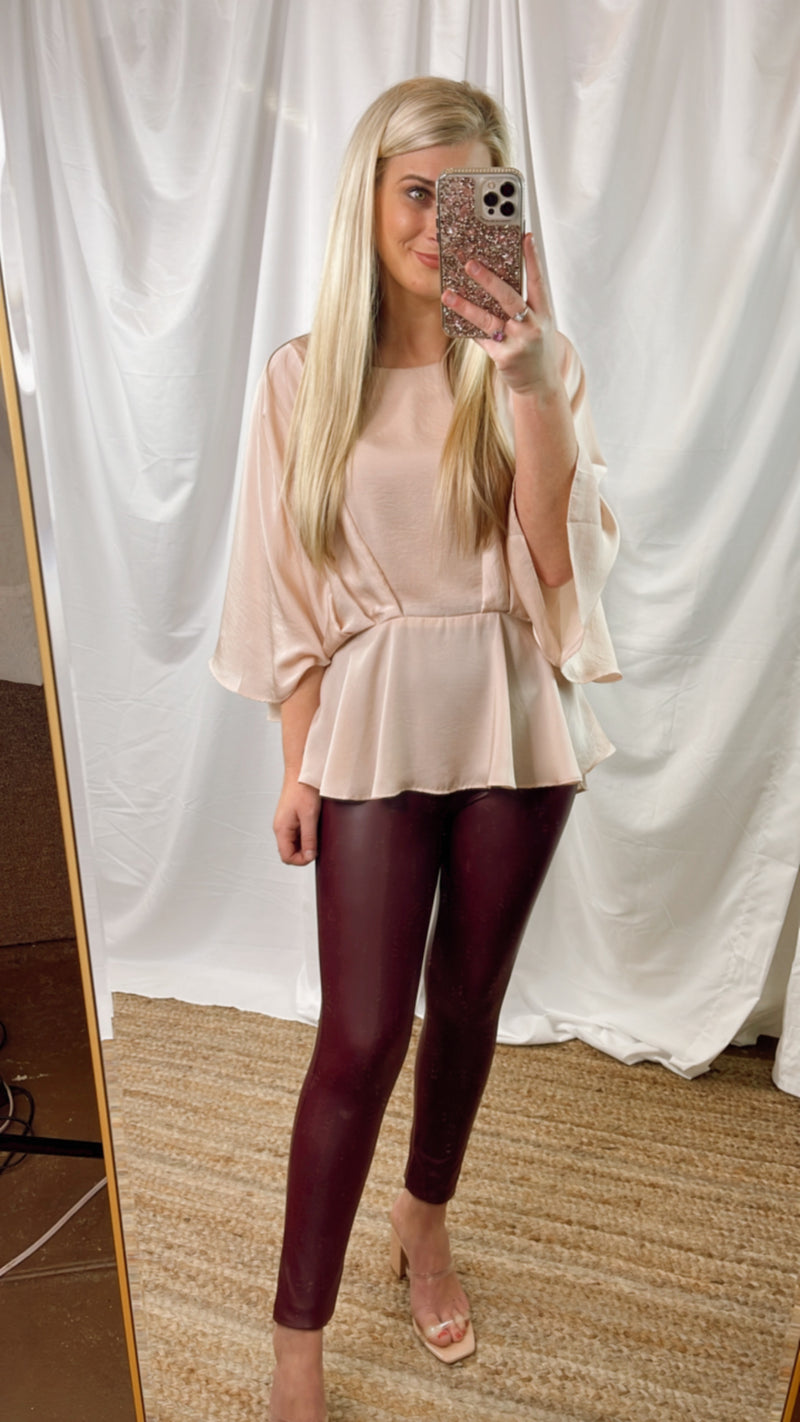 Leggings feature a camel color, pleather material, high waist line, fitted ankles, and runs true to size! 