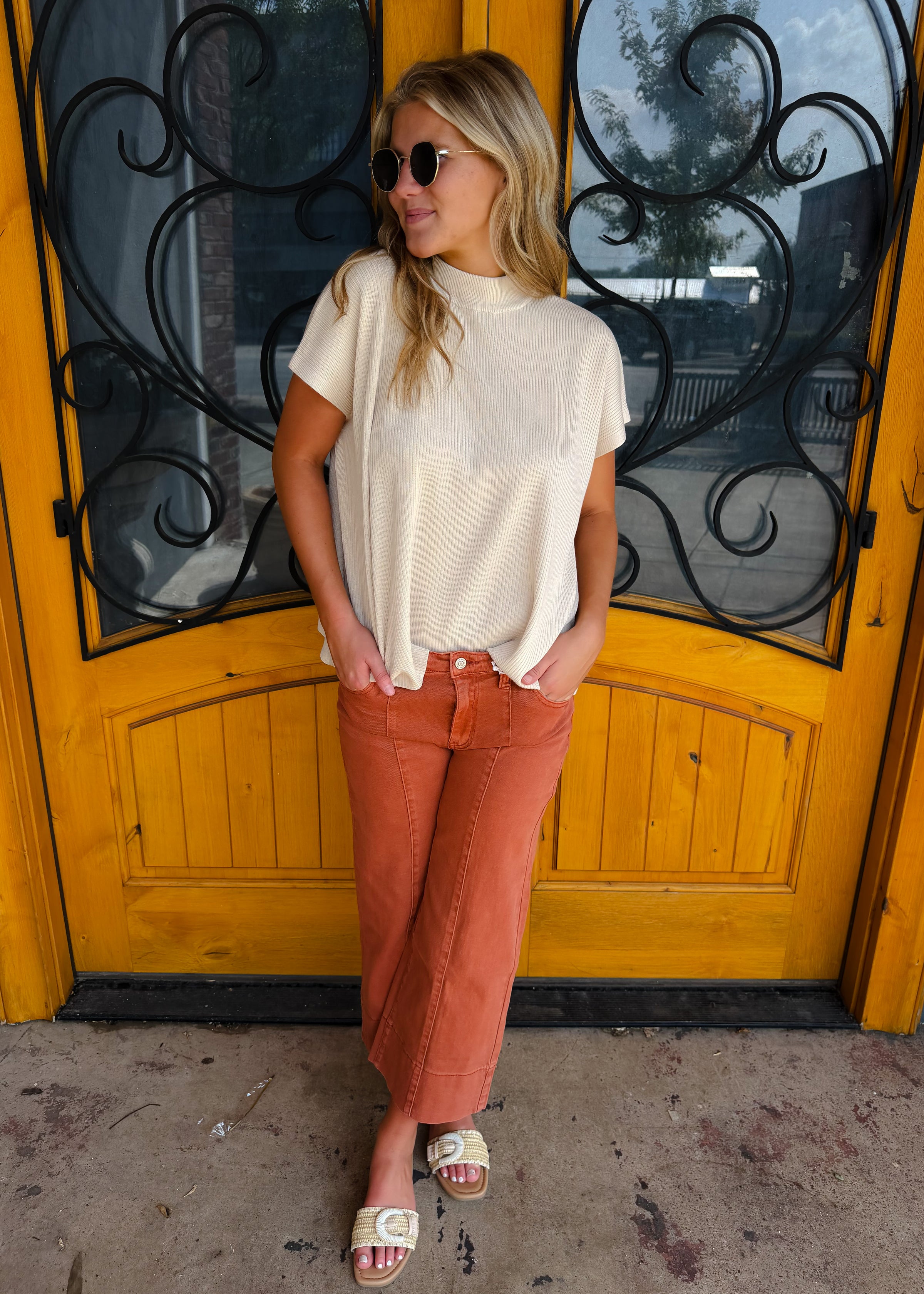 Forever Falling Mid Rise Cropped Wide Leg Jean - Rust