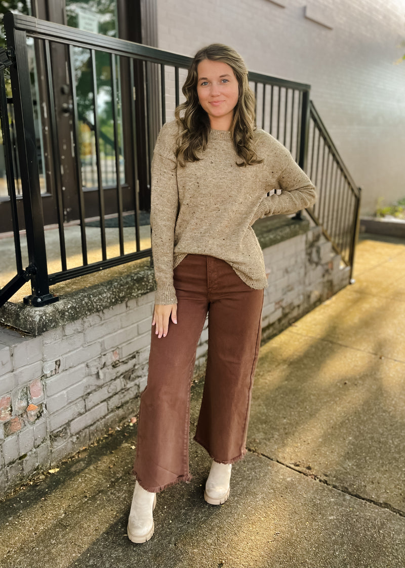 Never Looked Back Brown Tummy Control High Rise Crop Wide Leg- Risen Jeans