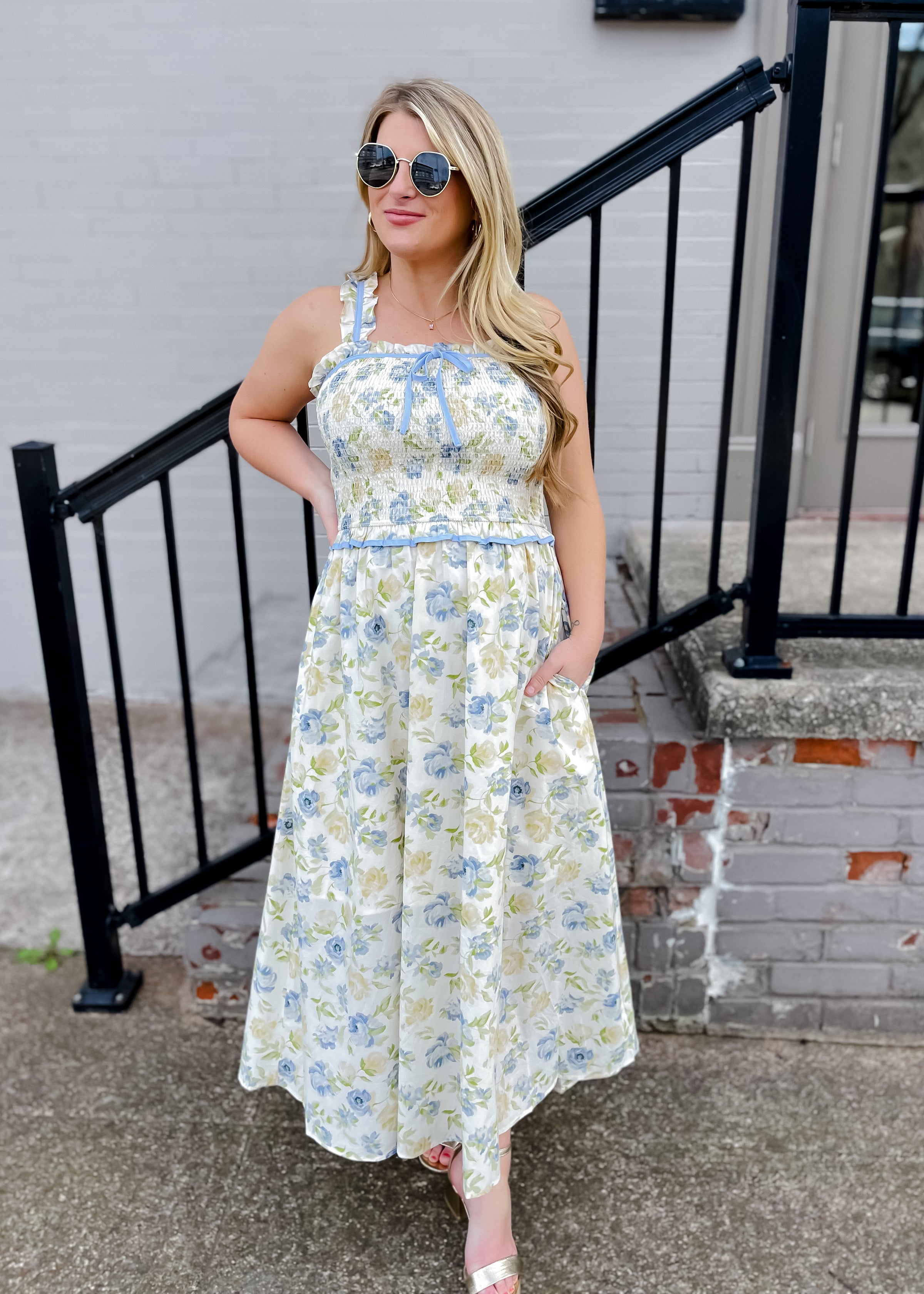 Remembering Spring Floral Smocked Midi Dress with Bow