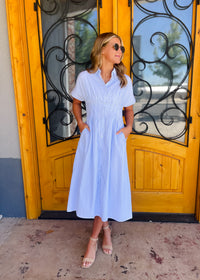 Stripe It Lucky Button Down Pintucked Waist Dress