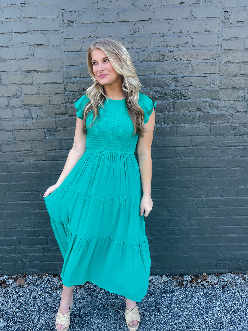 Flirt For Fun Jade Smocked Midi Dress (S-3XL)