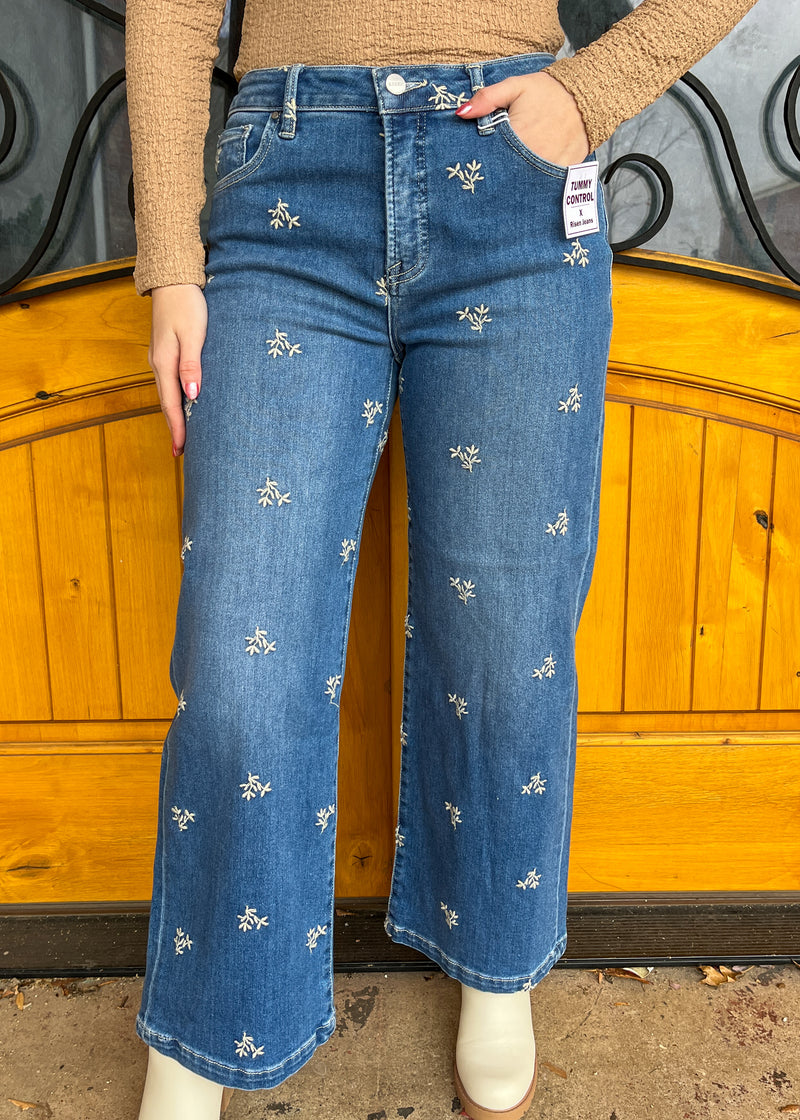 Petal Perspective Tummy Control Cropped Embroidered Risen Jeans