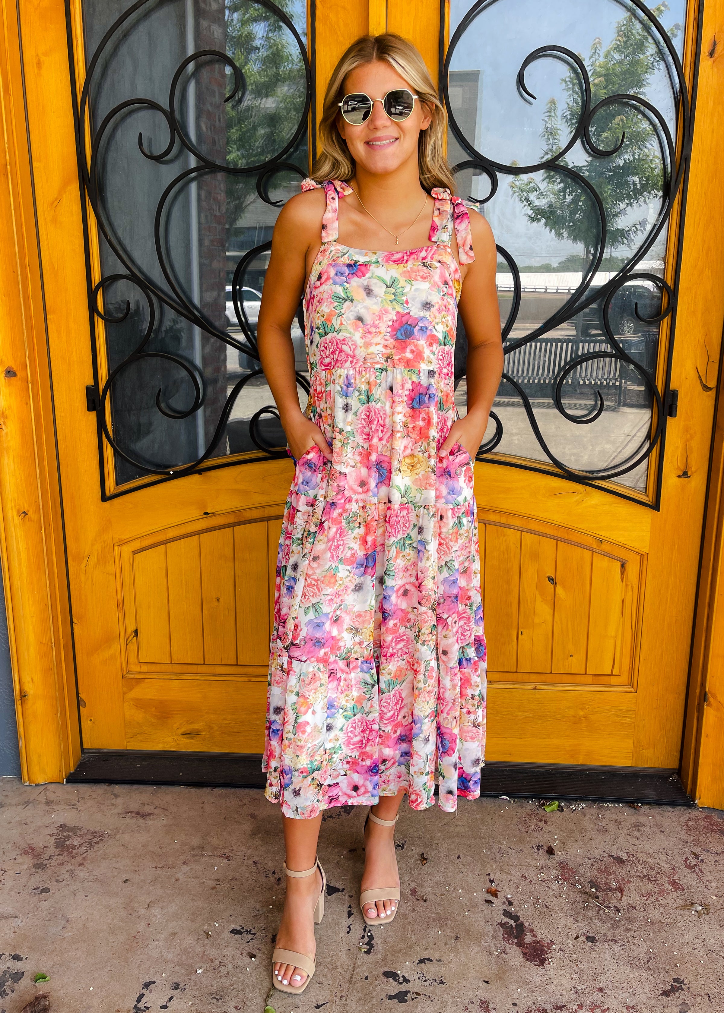 Flower Party Smocked Tie Shoulder  Midi Dress
