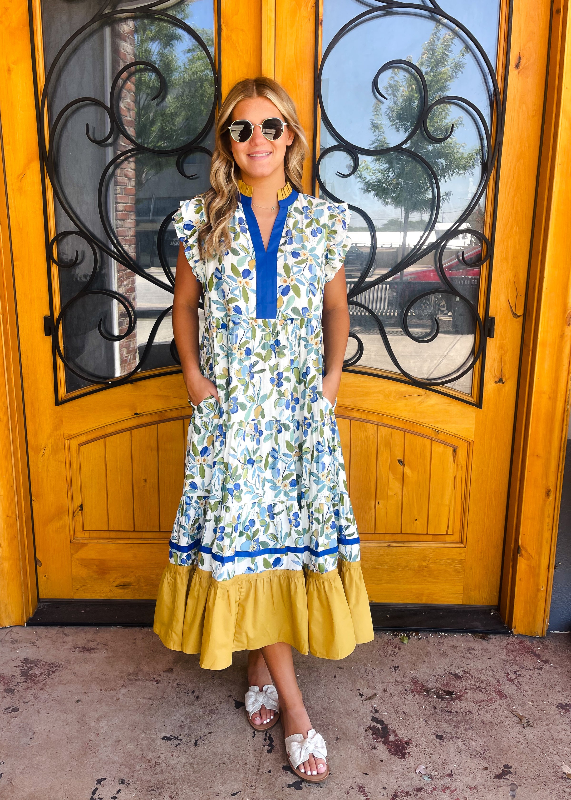 Happy Hour Hues Ruffle Sleeve Midi Dress - Royal Mix