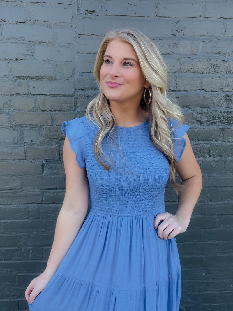 On My Way Chambray Smocked Midi Dress (S-3XL)