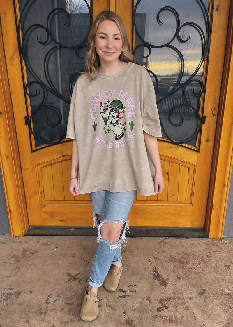 Cowboy Tears on the Rocks Oversized Acid Wash Tee