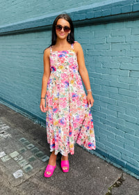 Flower Party Smocked Tie Shoulder  Midi Dress
