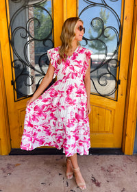 Petals On Display Pleated Ruffled Midi Dress