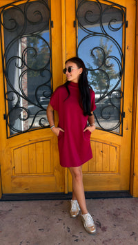 Short And Sweet Scuba Mock Neck Dress (S-XL)- Burgundy