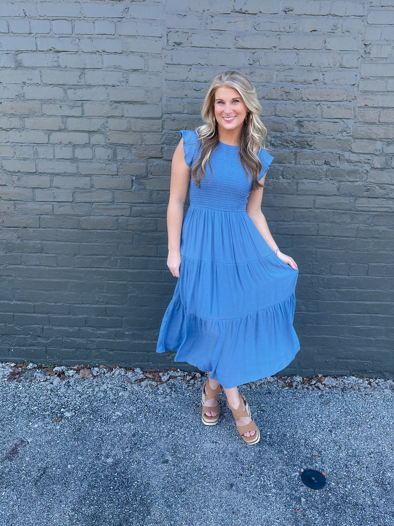 On My Way Chambray Smocked Midi Dress (S-3XL)