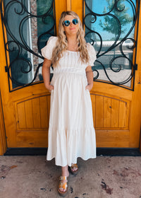 All For It Cream Pintuck Puff Sleeve Midi Dress