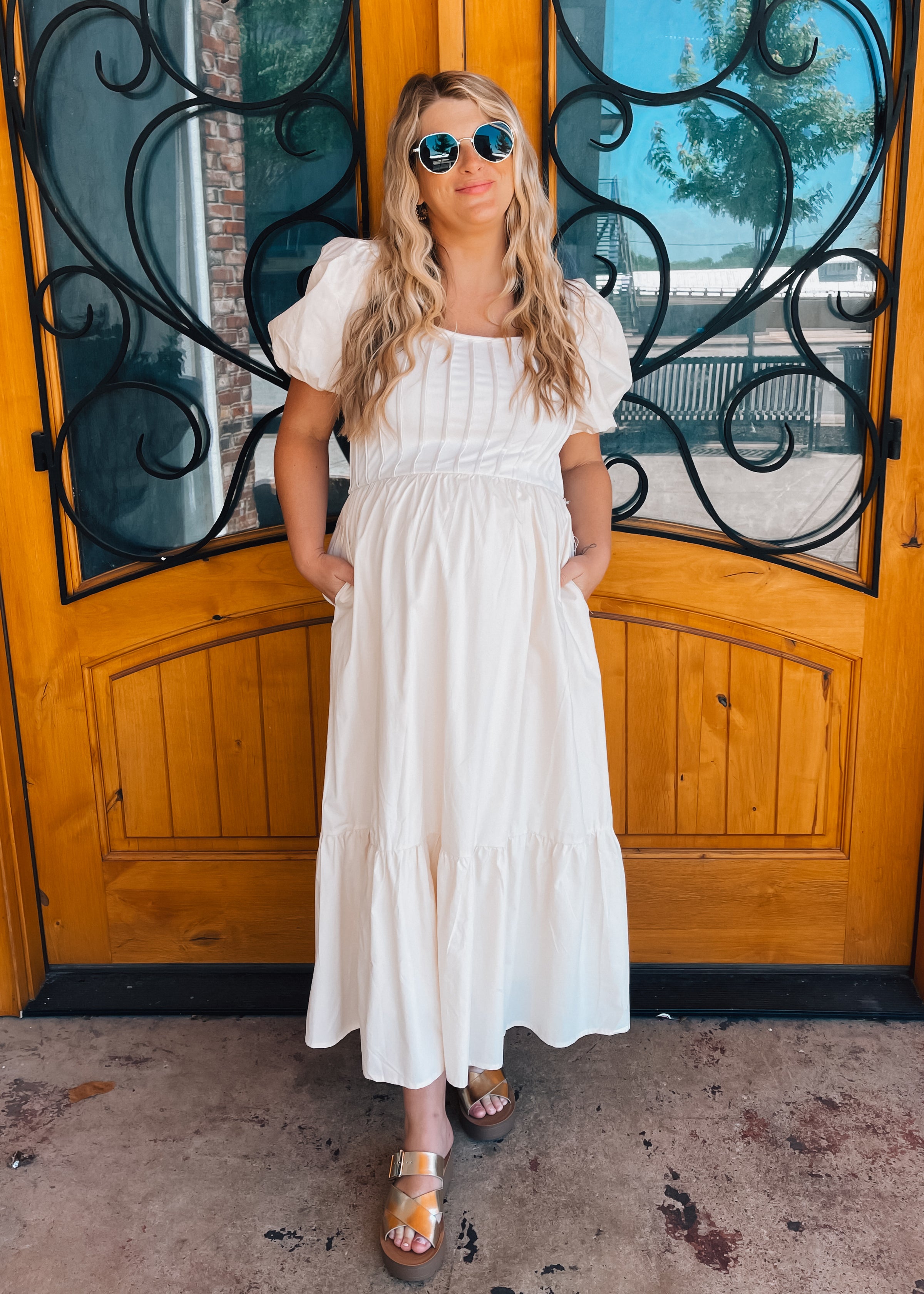 All For It Cream Pintuck Puff Sleeve Midi Dress