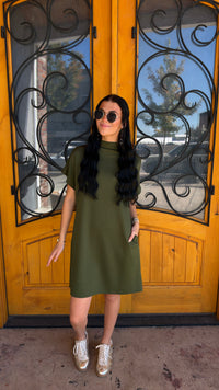 Short And Sweet Scuba Mock Neck Dress (S-XL)- Olive