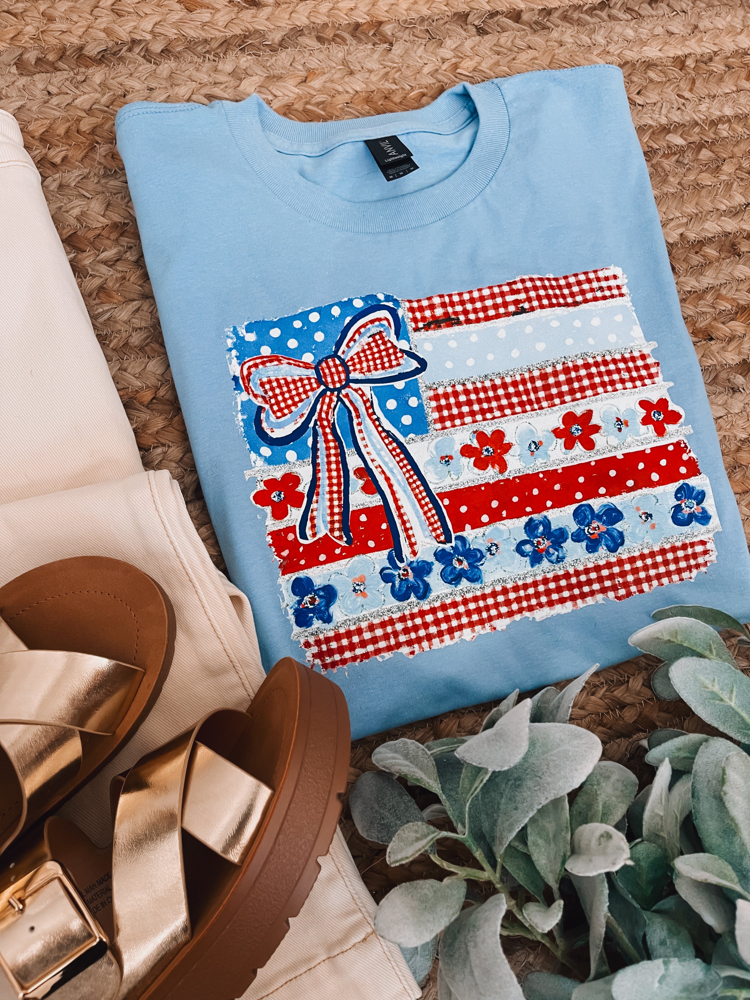 American Flag With Bow Graphic Tee (S-2XL)