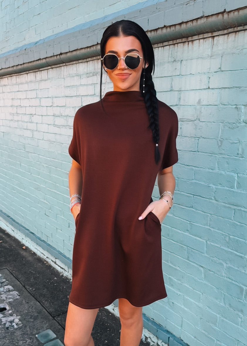 Short And Sweet Scuba Mock Neck Dress (S-XL) - Brown