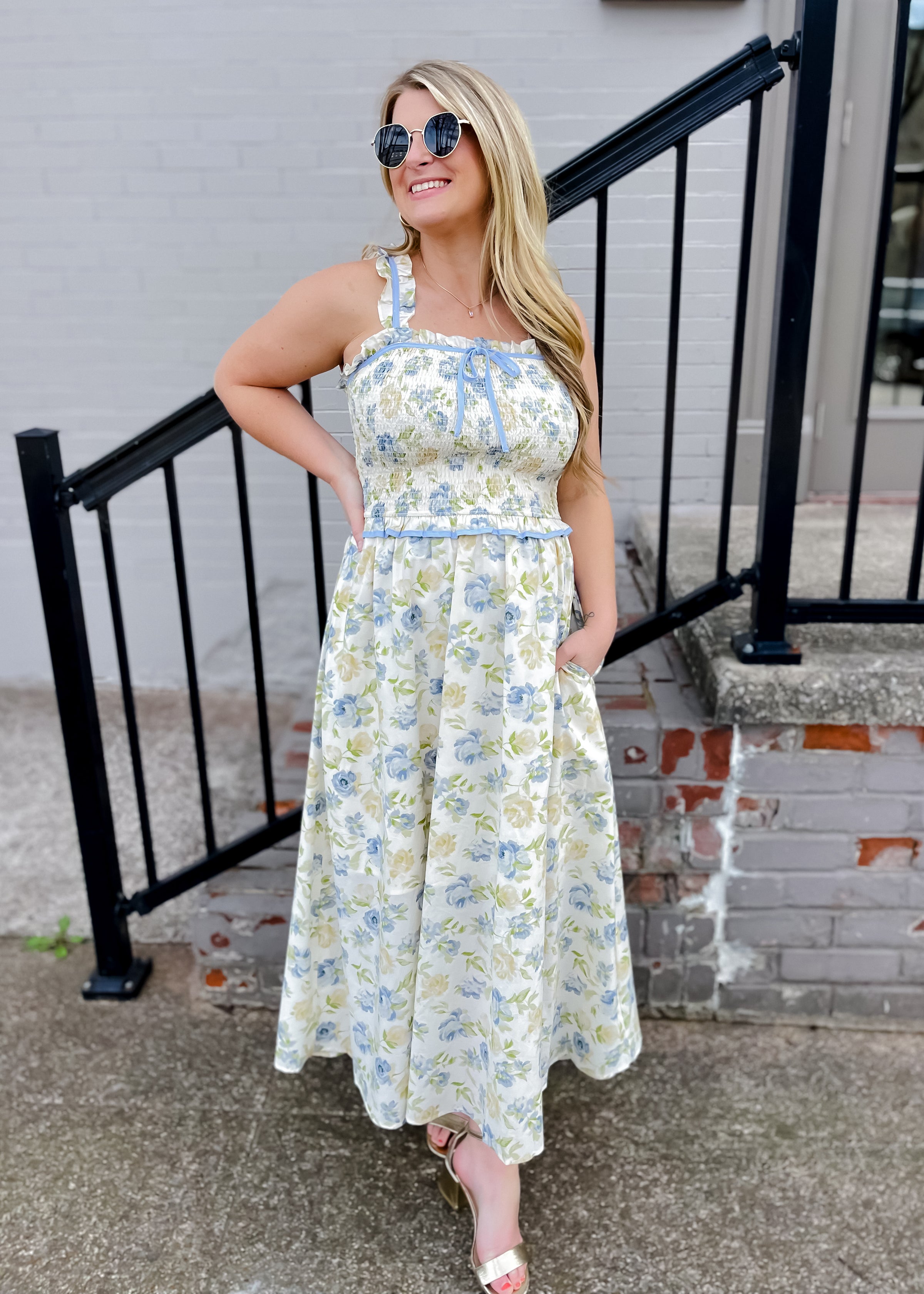 Remembering Spring Floral Smocked Midi Dress with Bow