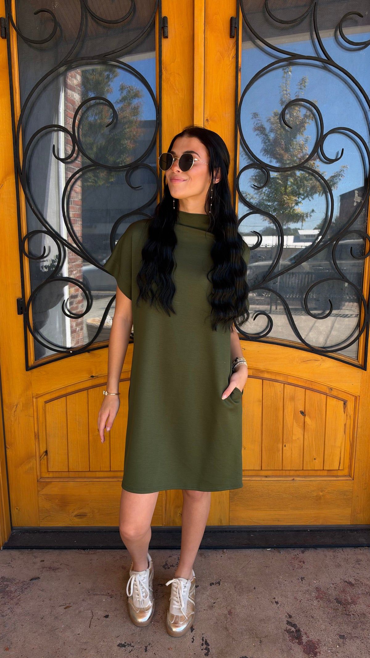 Short And Sweet Scuba Mock Neck Dress (S-XL)- Olive