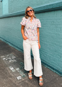 Delicate Floral Button Up Smocked Blouse
