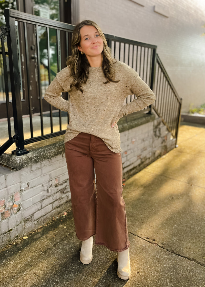 Never Looked Back Brown Tummy Control High Rise Crop Wide Leg- Risen Jeans