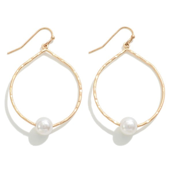 Gold Hammered Teardrop Pearl Earrings