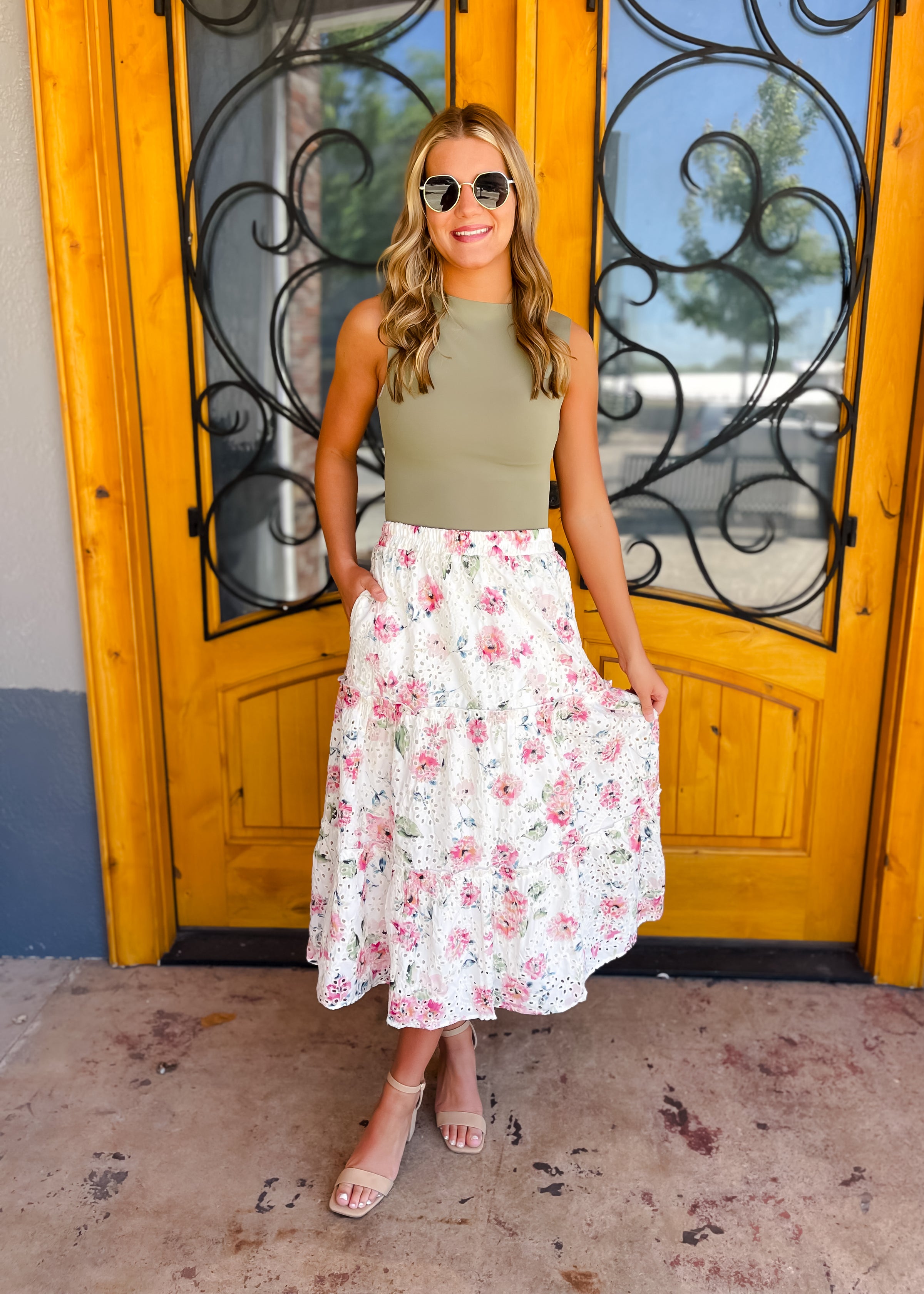 All the Attention Crochet Eyelet Floral Lace Midi Skirt