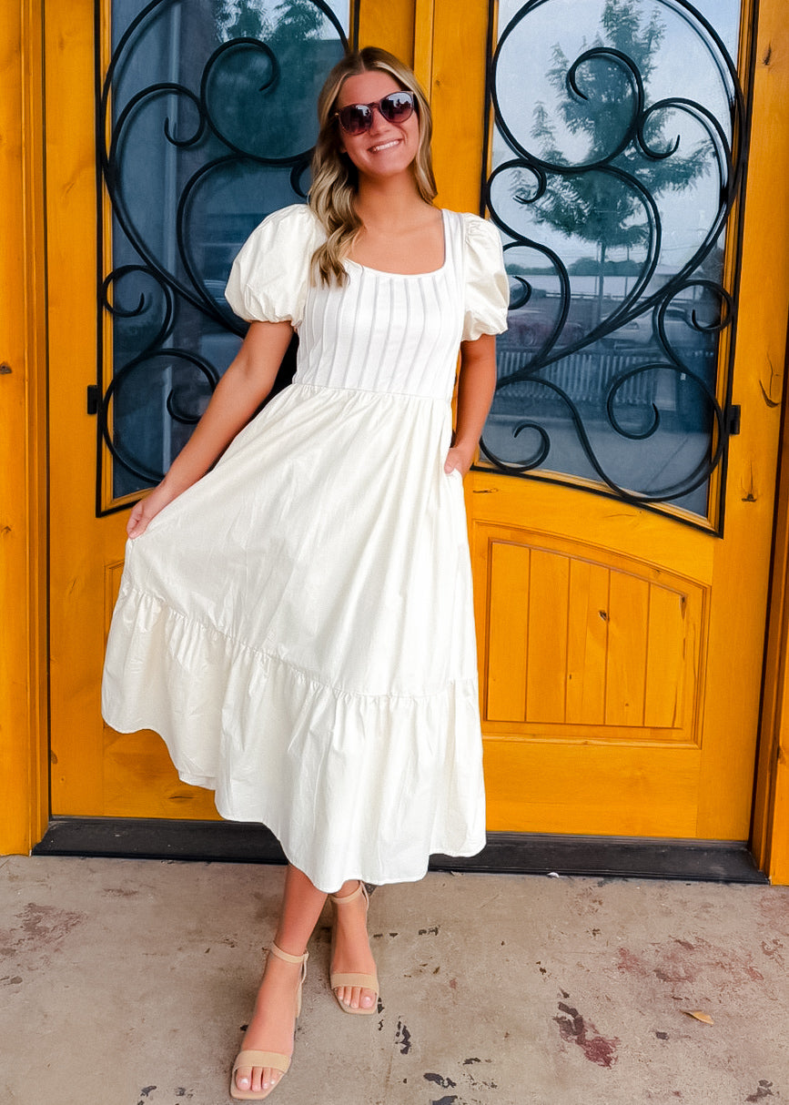 All For It Cream Pintuck Puff Sleeve Midi Dress