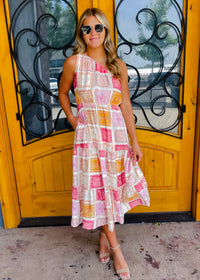 First Class Flirt Quilt Print One Shoulder Midi Dress
