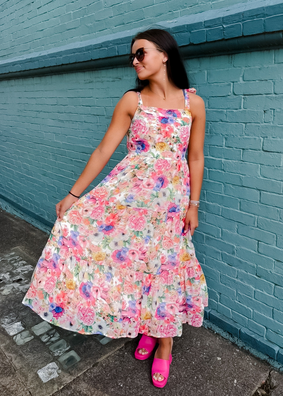 Flower Party Smocked Tie Shoulder  Midi Dress