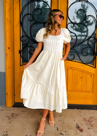 All For It Cream Pintuck Puff Sleeve Midi Dress