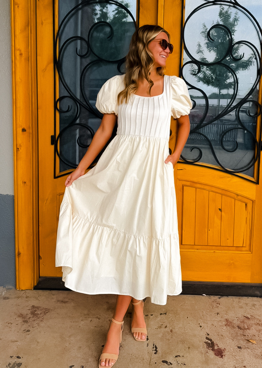 All For It Cream Pintuck Puff Sleeve Midi Dress