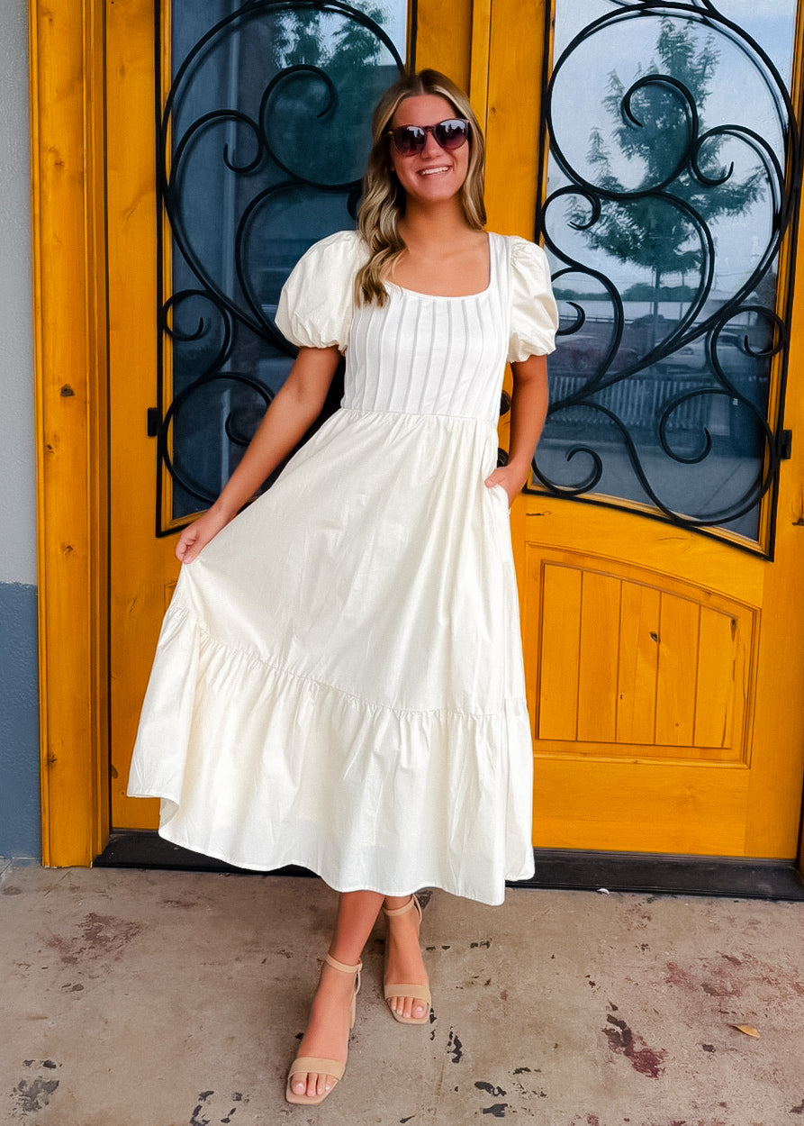 All For It Cream Pintuck Puff Sleeve Midi Dress