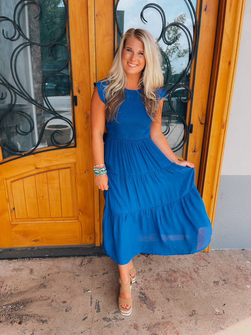 Fine Example Royal Blue Smocked Midi Dress