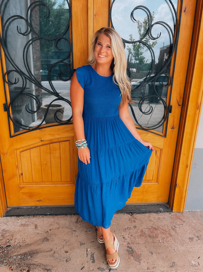 Fine Example Royal Blue Smocked Midi Dress