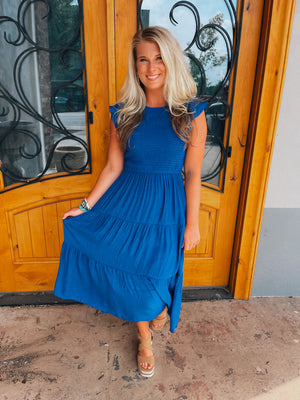 Fine Example Royal Blue Smocked Midi Dress