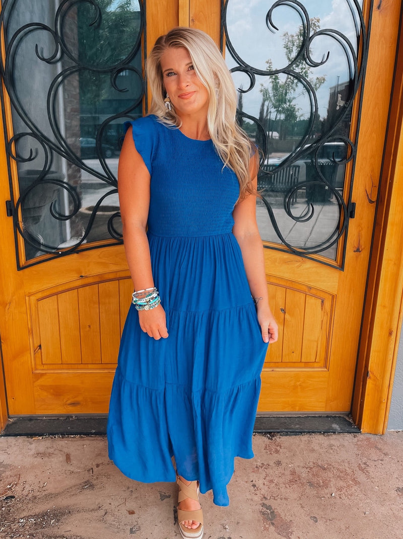 Fine Example Royal Blue Smocked Midi Dress