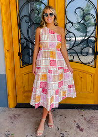First Class Flirt Quilt Print One Shoulder Midi Dress