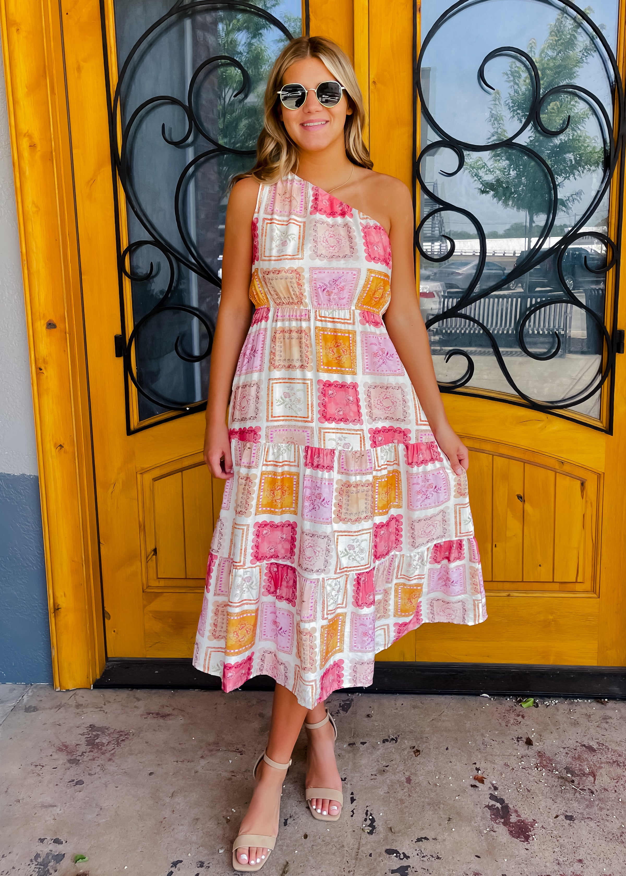 First Class Flirt Quilt Print One Shoulder Midi Dress