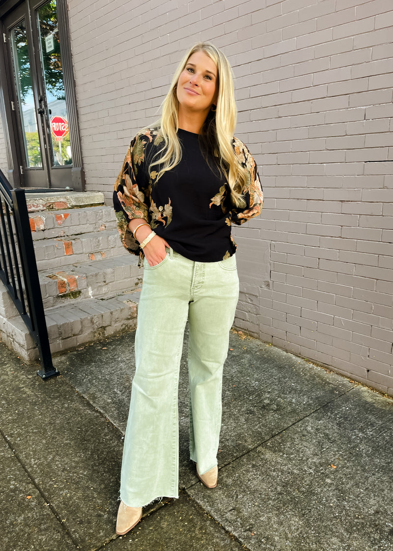 End of Story Olive Tummy Control Mid Rise Wide Leg- Risen Jeans