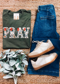 PRAY- Faux Floral Embroidered Graphic Tee (S-2XL)