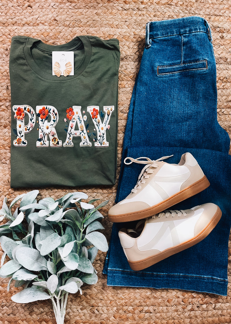 PRAY- Faux Floral Embroidered Graphic Tee (S-2XL)