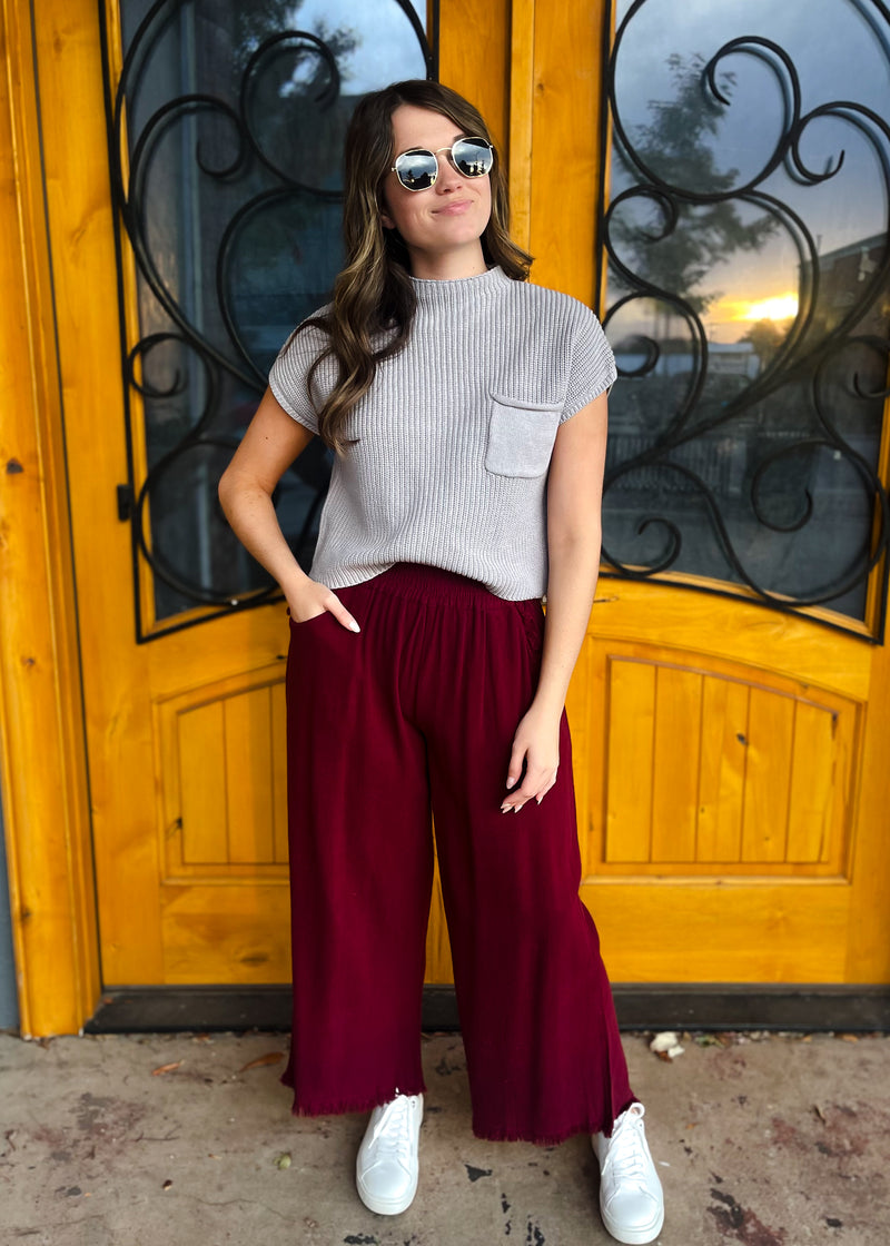 Left An Impression Merlot Linen Pants