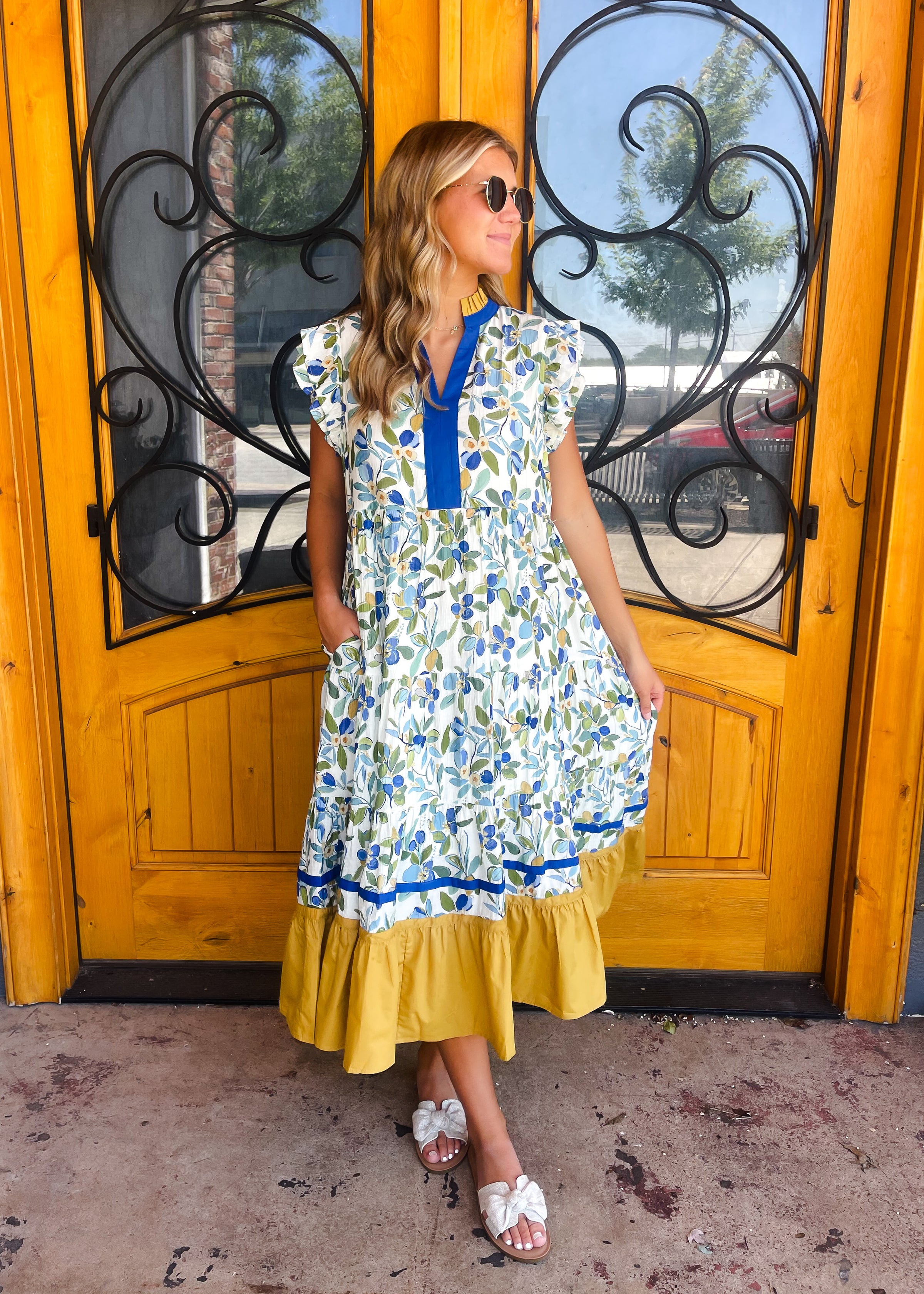 Happy Hour Hues Ruffle Sleeve Midi Dress - Royal Mix