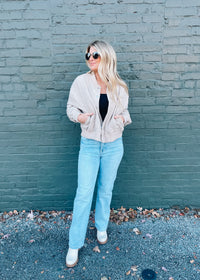 Let Me Think On It Snap Button Bomber Jacket